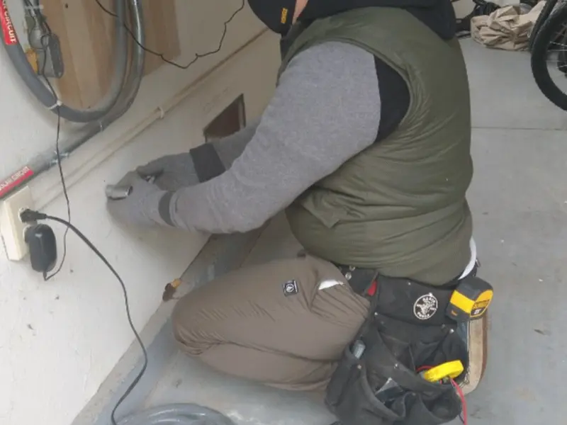 Electrician performing outlet wiring in a Gifford garage